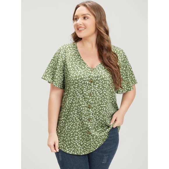 Bloomchic Ditsy Floral Ruffle Sleeve Button Detail Blouse Green White 12 - Picture 2 of 8